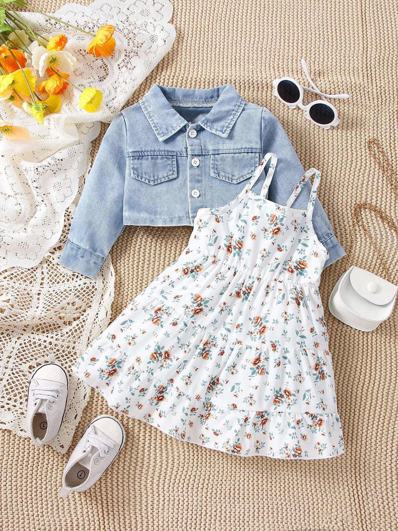 Conjunto Vestido Floral e Casaco Jeans