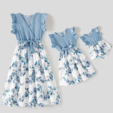 Vestido Flores Azul Mãe e Filha