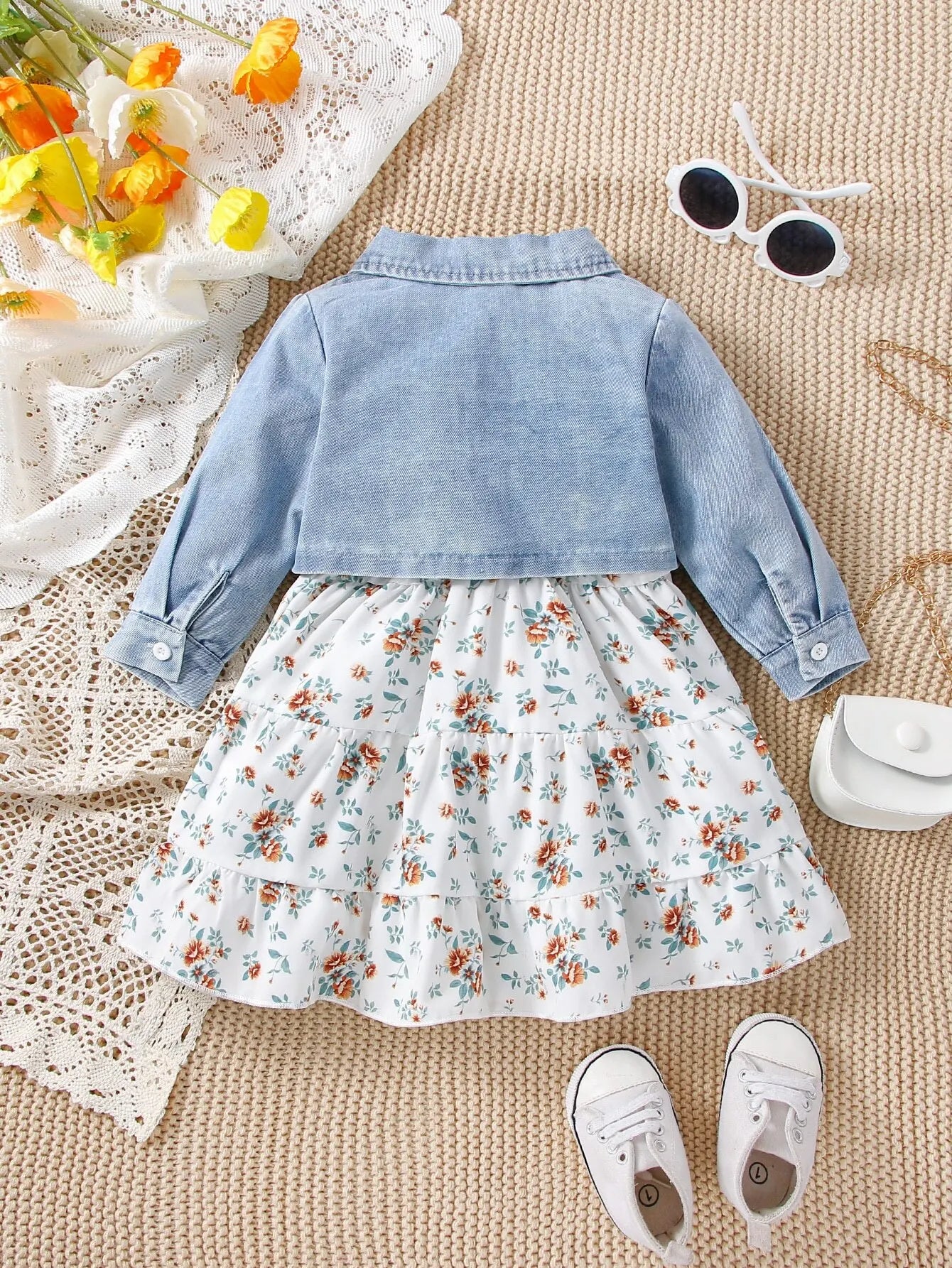 Conjunto Vestido Floral e Casaco Jeans